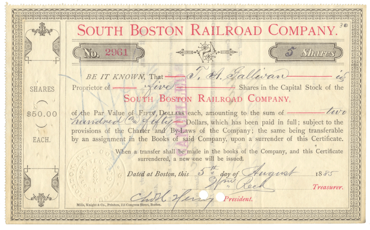 South Boston Railroad Company Stock Certificate