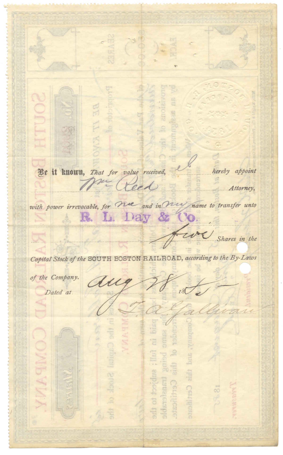 South Boston Railroad Company Stock Certificate