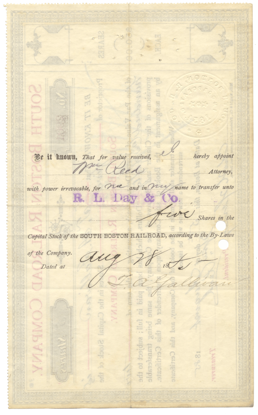 South Boston Railroad Company Stock Certificate