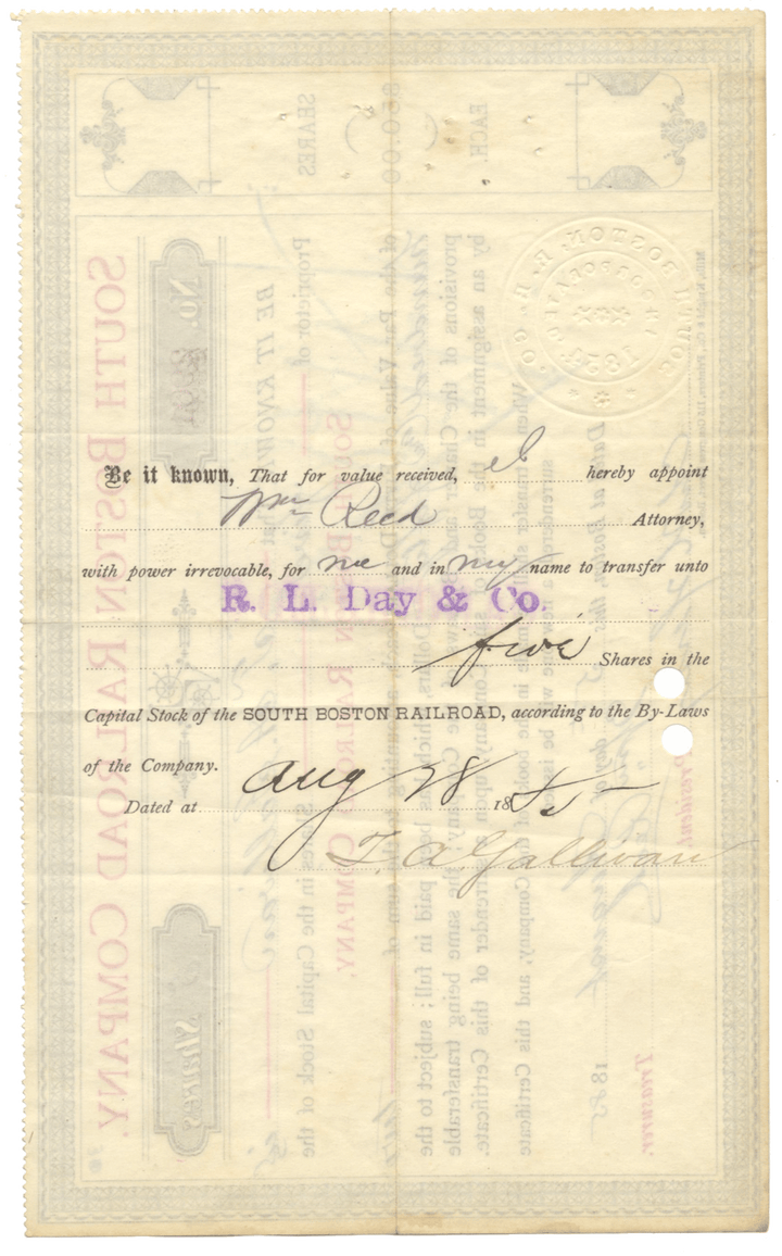 South Boston Railroad Company Stock Certificate