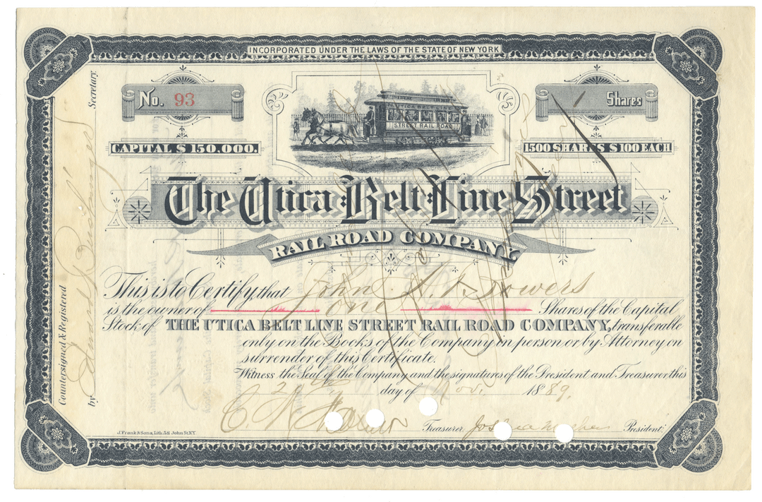 An antique vintage stock certificate for the Utica Belt Line Street Rail Road Company from 1889 with a central illustration of a streetcar.