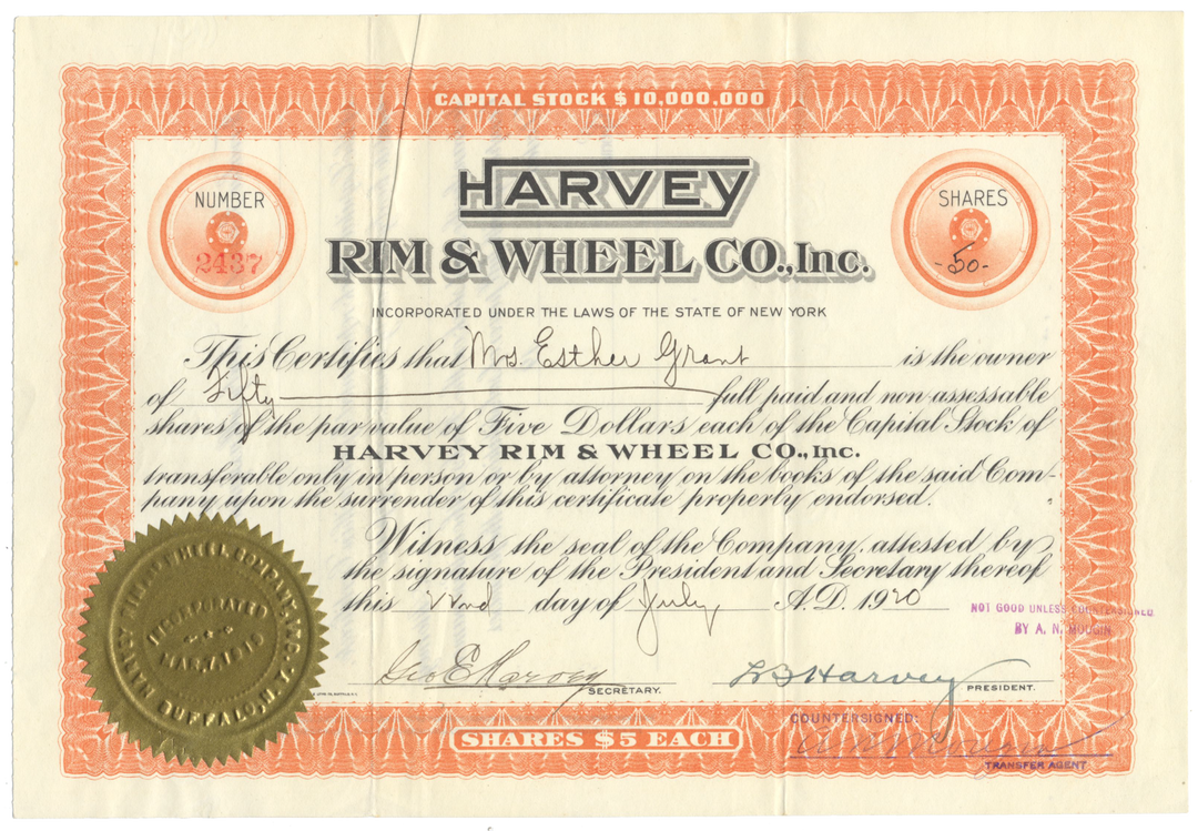 Harvey Rim & Wheel Co., Inc. Stock Certificate