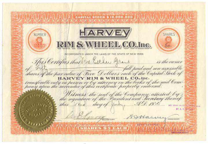 Harvey Rim & Wheel Co., Inc. Stock Certificate