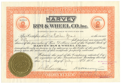 Harvey Rim & Wheel Co., Inc. Stock Certificate