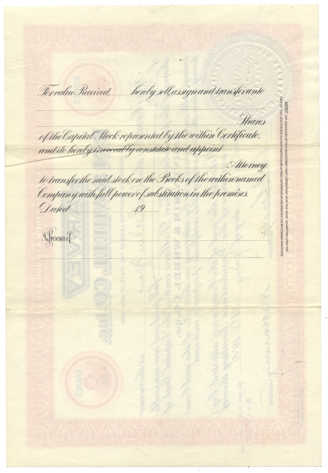 Harvey Rim & Wheel Co., Inc. Stock Certificate