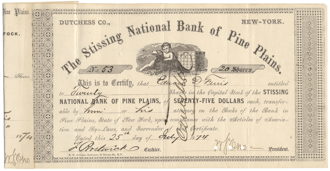 Vintage stock certificate from the Stissing National Bank of Pine Plains, New York