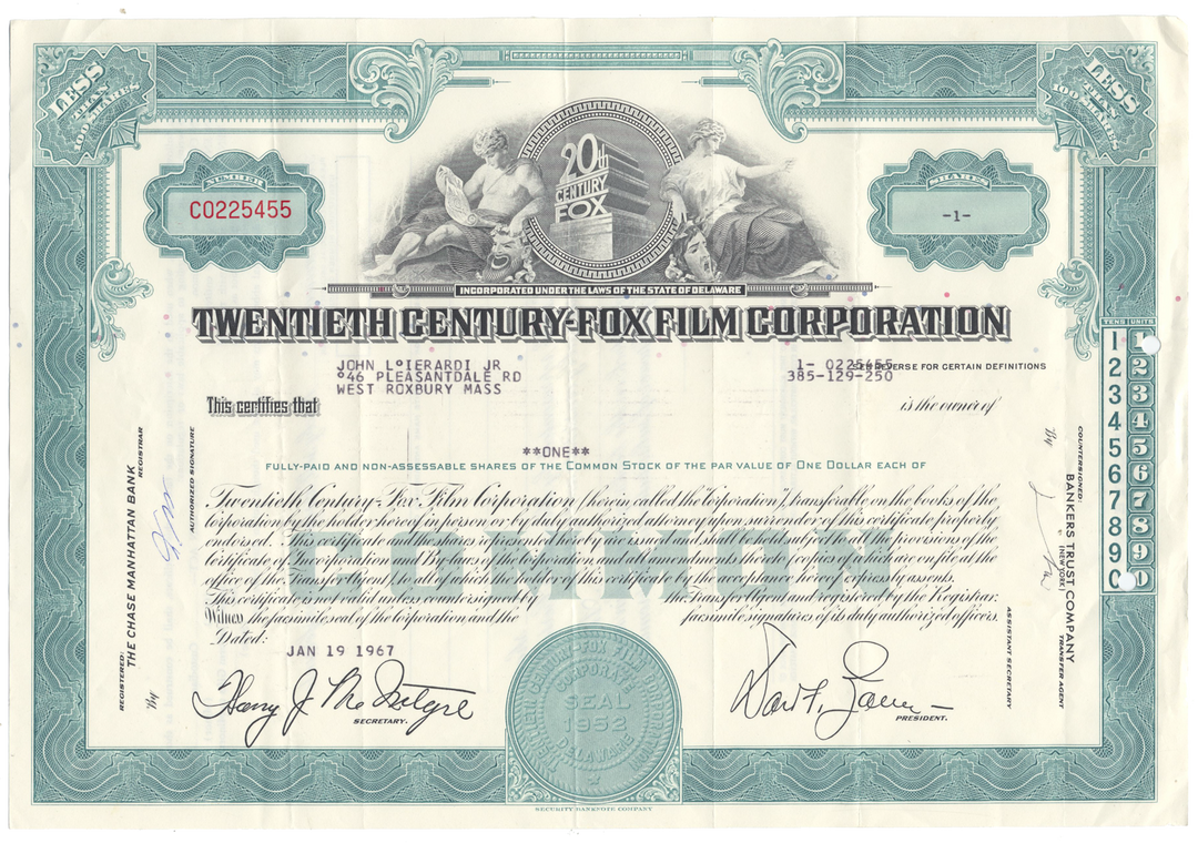 Twentieth Century-Fox Film Corporation Stock Certificate