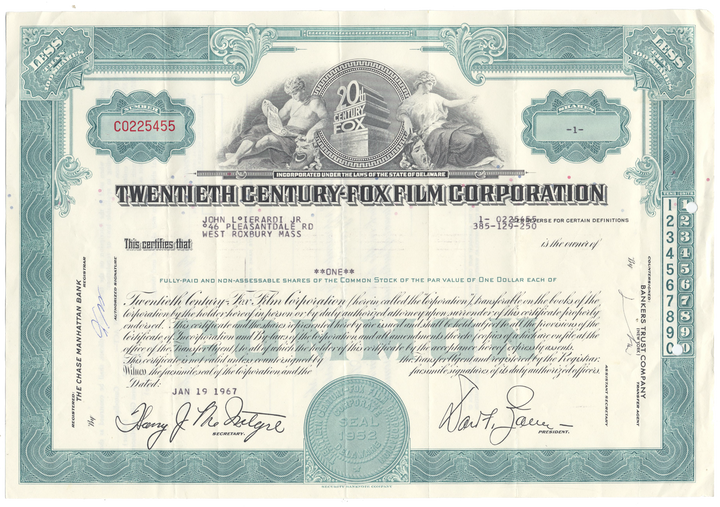 Twentieth Century-Fox Film Corporation Stock Certificate