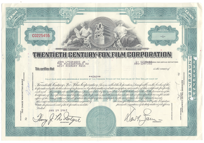 Twentieth Century-Fox Film Corporation Stock Certificate