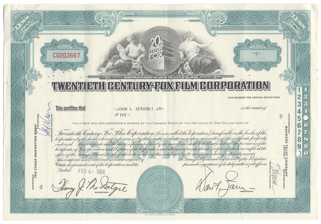 Stock certificate from the Twentieth Century-Fox Film Corporation with decorative elements and text.