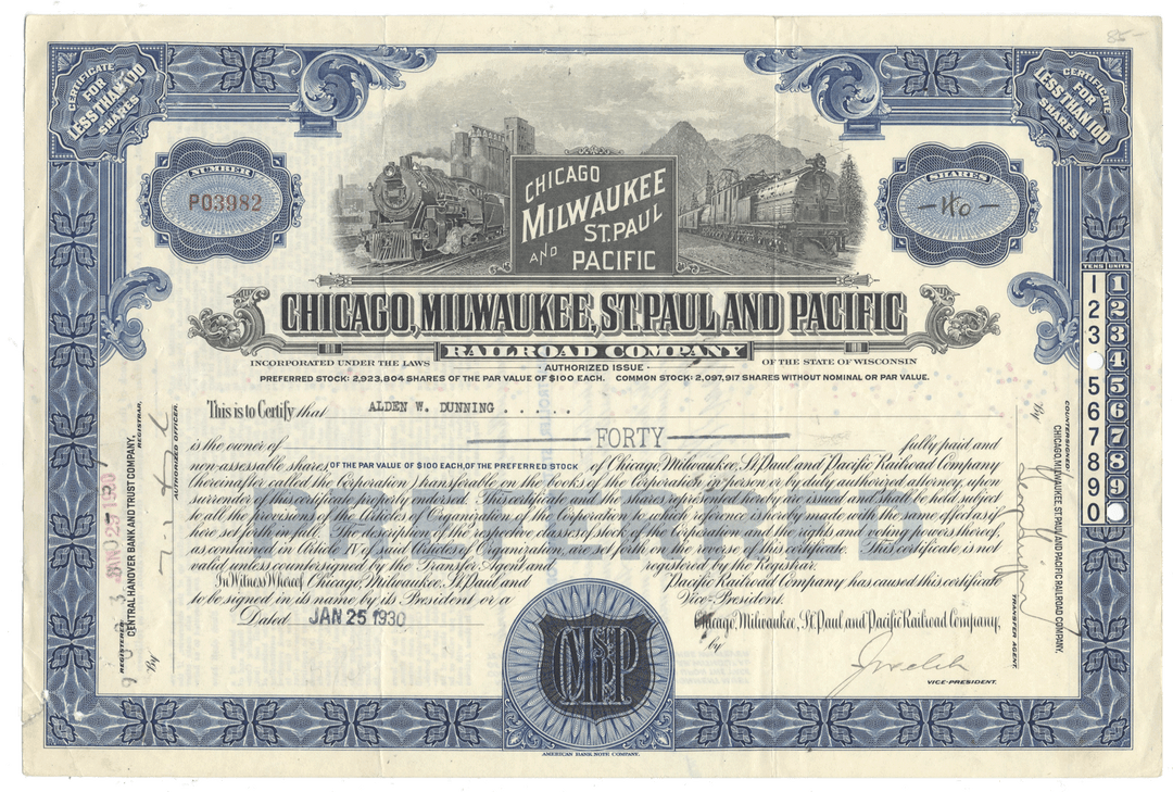 Chicago, Milwaukee, St. Paul and Pacific Railroad Company antique stock certificate dated 1930