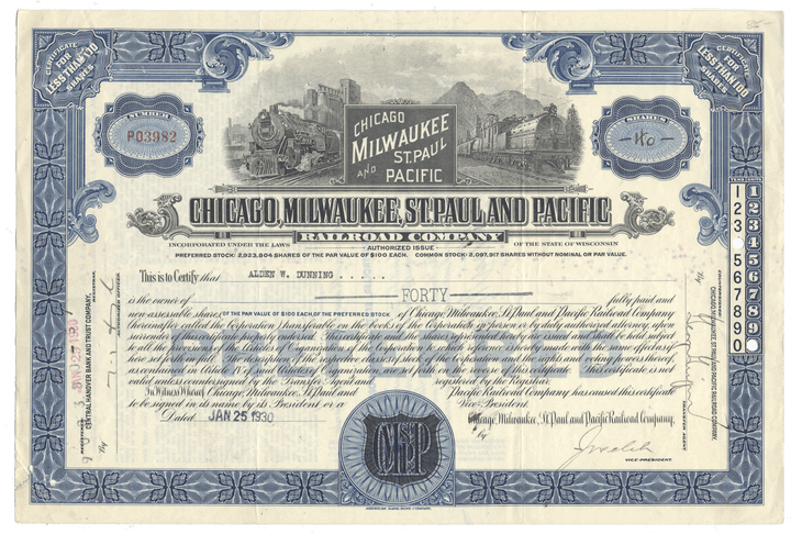 Chicago, Milwaukee, St. Paul and Pacific Railroad Company antique stock certificate dated 1930
