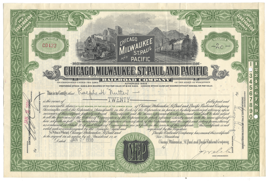 Chicago, Milwaukee, St. Paul and Pacific Railroad Company antique stock certificate dated 1930