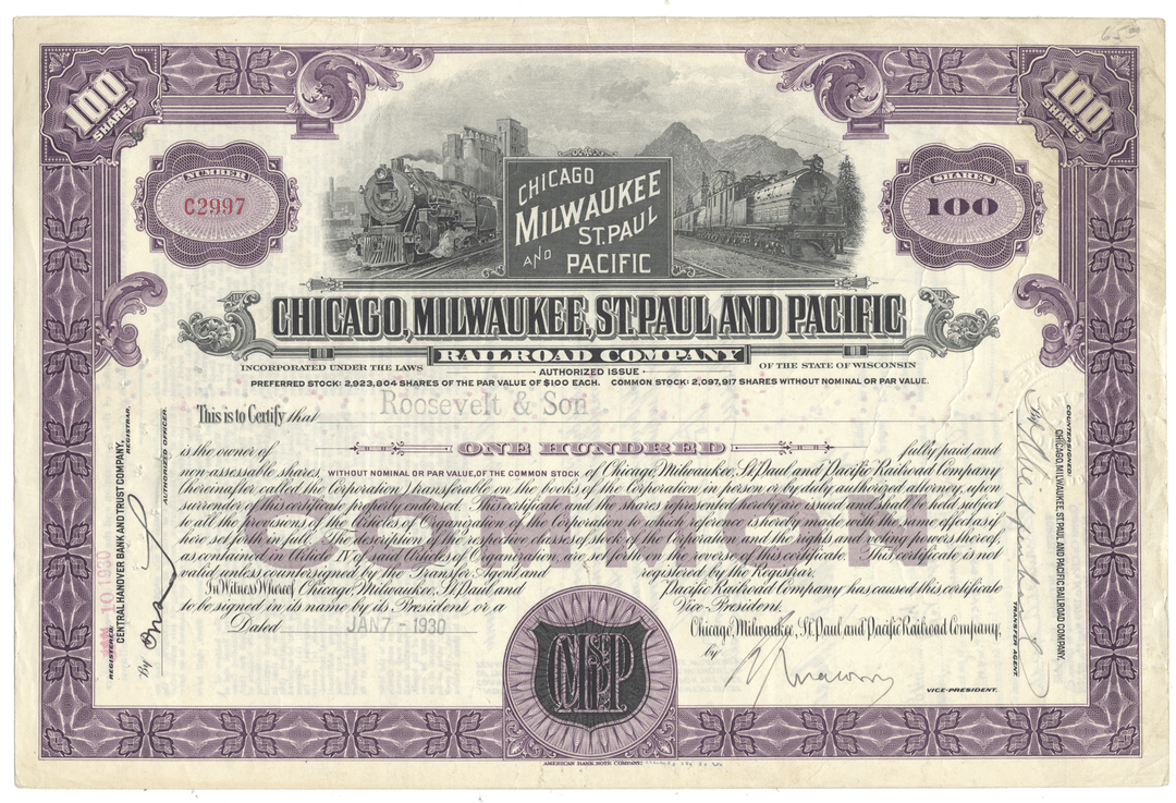 Vintage stock certificate for the Chicago, Milwaukee, St. Paul and Pacific Railroad Company with decorative elements.