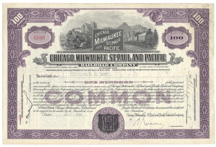 Vintage stock certificate for the Chicago, Milwaukee, St. Paul and Pacific Railroad Company with decorative elements.
