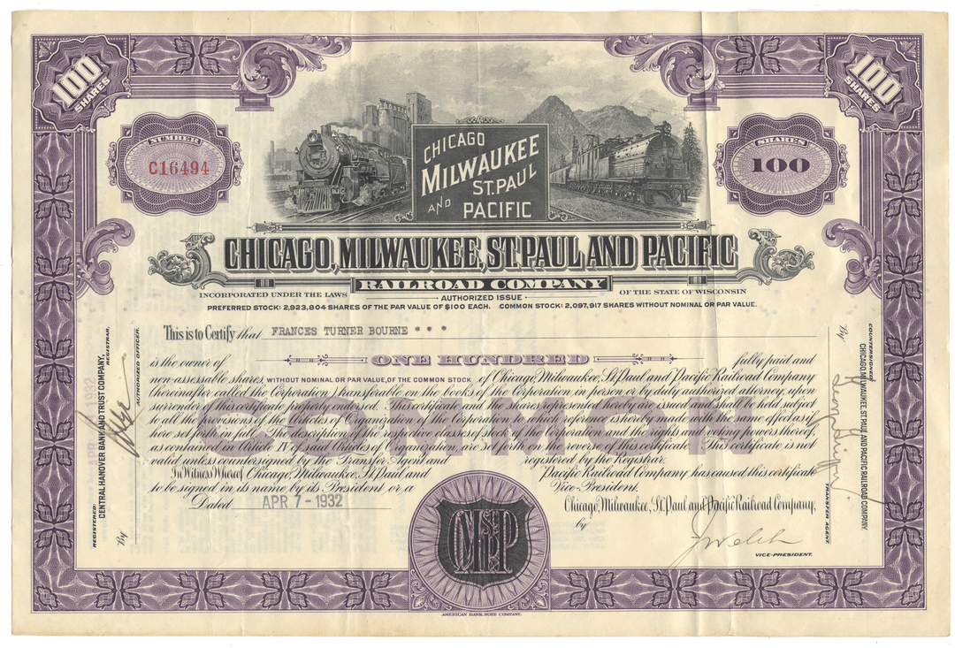 Vintage stock certificate for the Chicago, Milwaukee, St. Paul and Pacific Railroad Company with decorative border and train illustration.