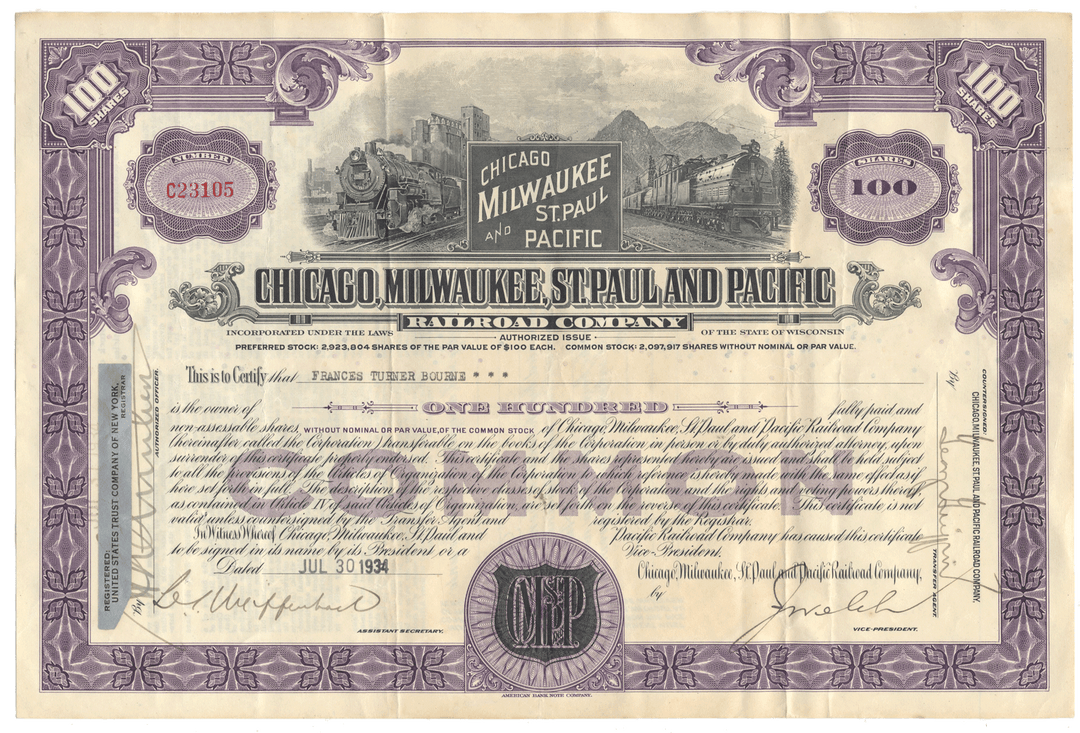 Historical stock certificate for the Chicago, Milwaukee, St. Paul and Pacific Railroad Company with decorative elements.