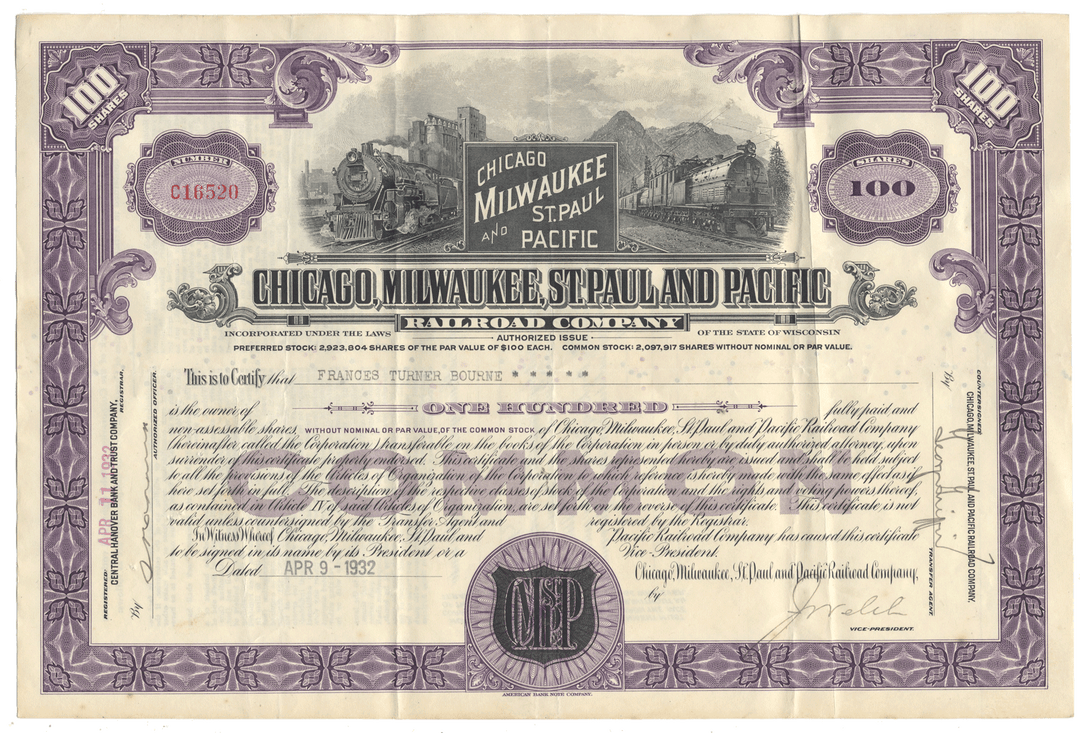 Vintage stock certificate for the Chicago, Milwaukee, St. Paul and Pacific Railroad Company with decorative elements.