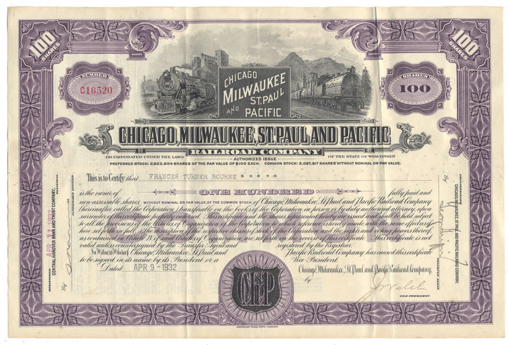 Vintage stock certificate for the Chicago, Milwaukee, St. Paul and Pacific Railroad Company with decorative elements.