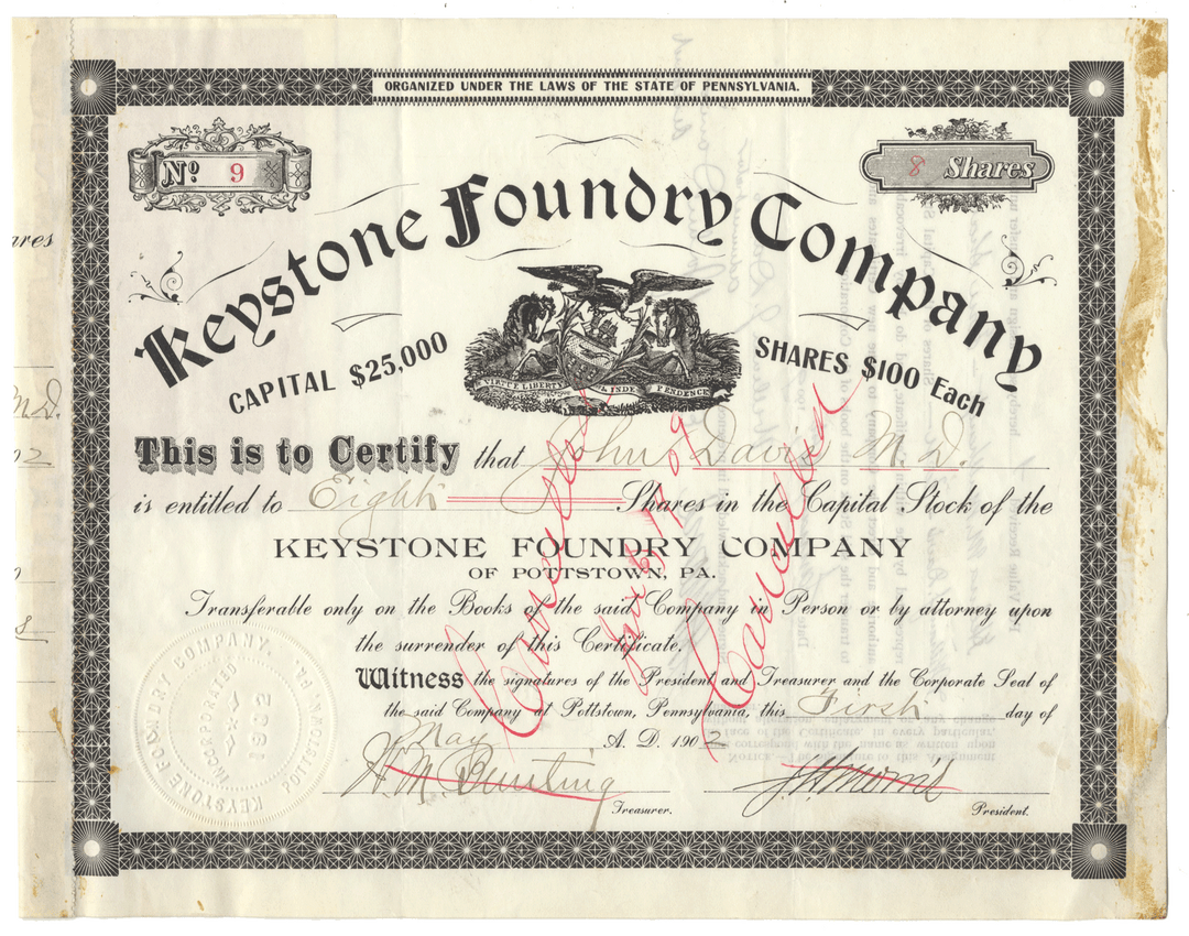 Keystone Foundry Company stock certificate from 1902