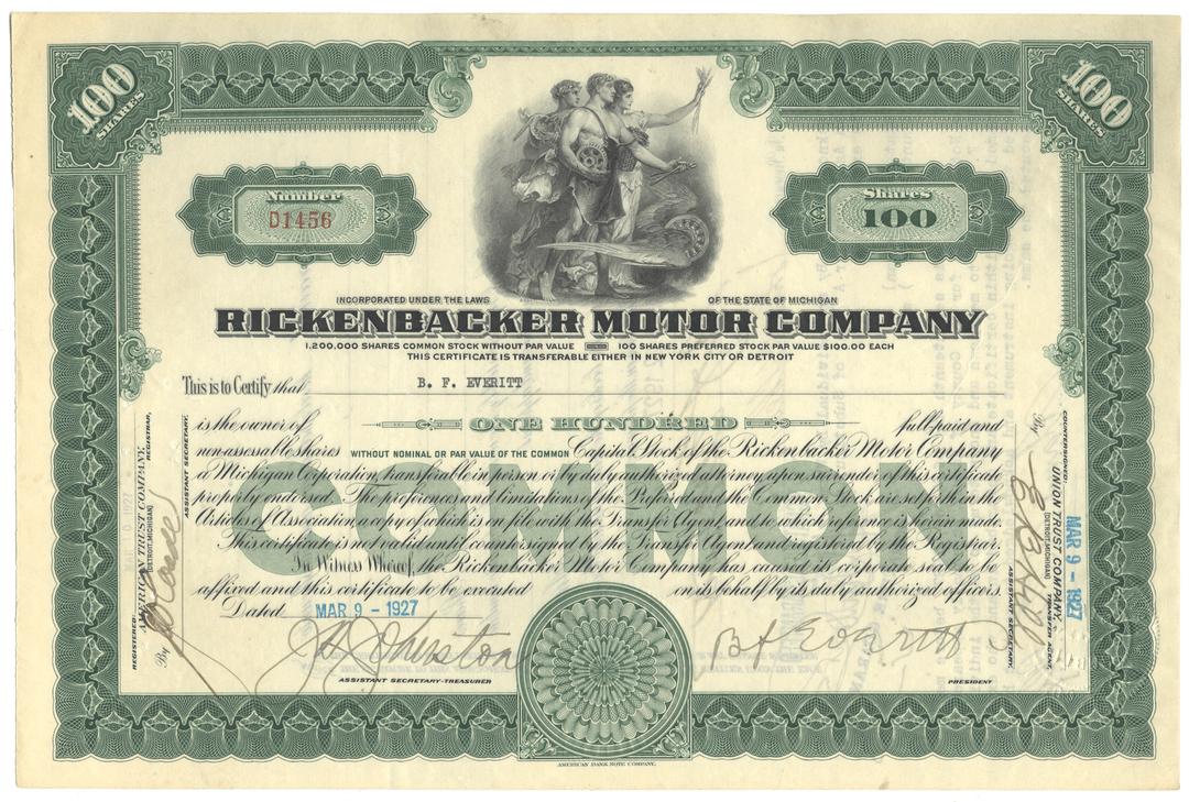 Rickenbacker Motor Company stock certificate with decorative elements