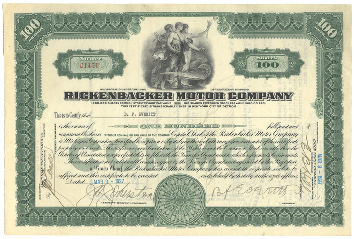 Rickenbacker Motor Company stock certificate with decorative elements
