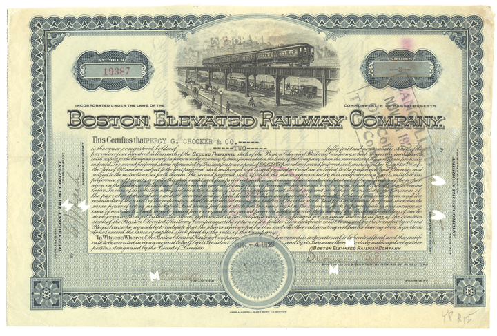 Historical stock certificate of the Boston Elevated Railway Company with a train illustration.