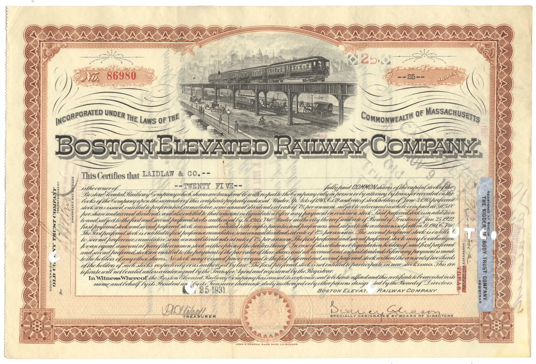 Boston Elevated Railway Company Stock Certificate
