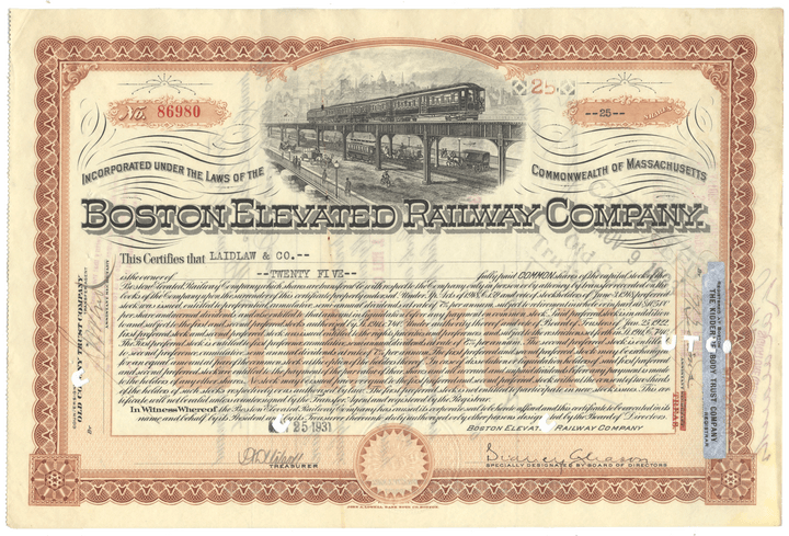 Boston Elevated Railway Company Stock Certificate