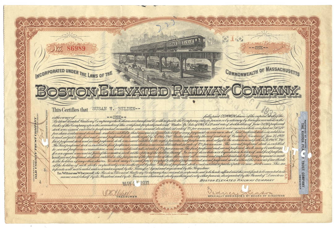 Vintage stock certificate of the Boston Elevated Railway Company with an illustration of a train.