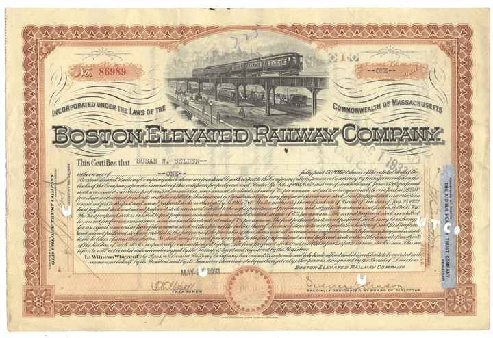 Vintage stock certificate of the Boston Elevated Railway Company with an illustration of a train.