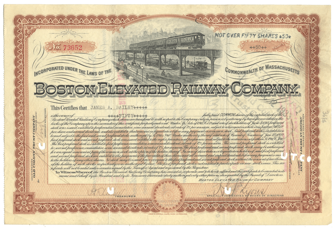 Boston Elevated Railway Company Stock Certificate