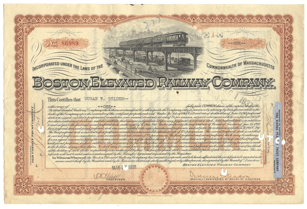 Boston Elevated Railway Company Stock Certificate
