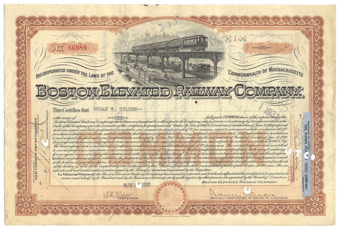 Boston Elevated Railway Company Stock Certificate