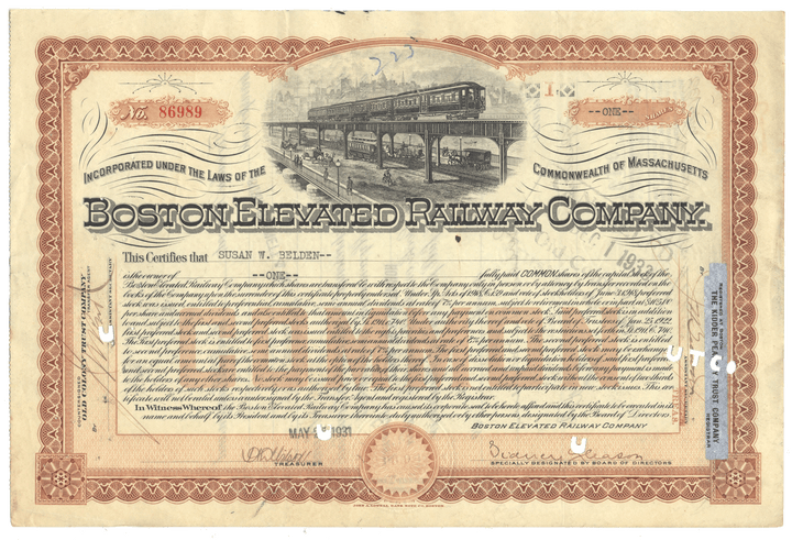 Boston Elevated Railway Company Stock Certificate