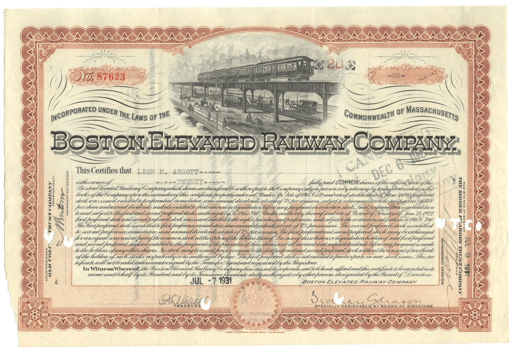 Historical stock certificate of the Boston Elevated Railway Company with a train illustration.