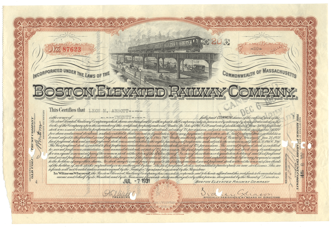 Historical stock certificate of the Boston Elevated Railway Company with a train illustration.