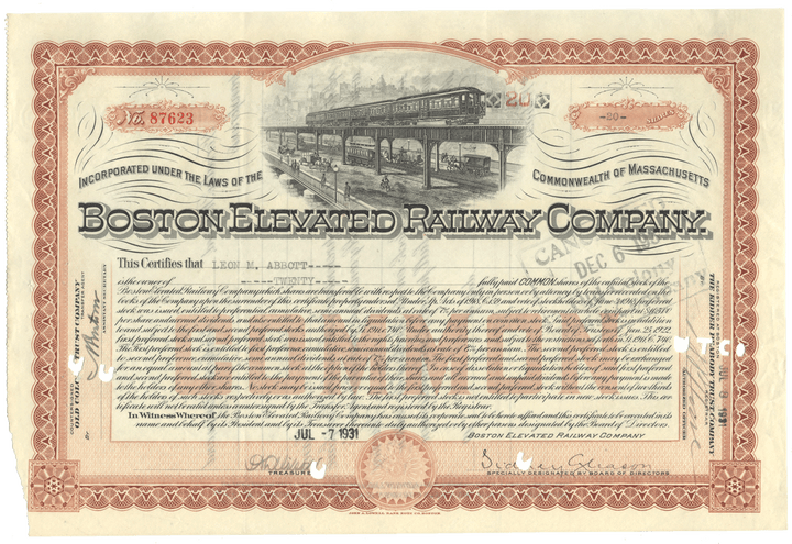 Historical stock certificate of the Boston Elevated Railway Company with a train illustration.