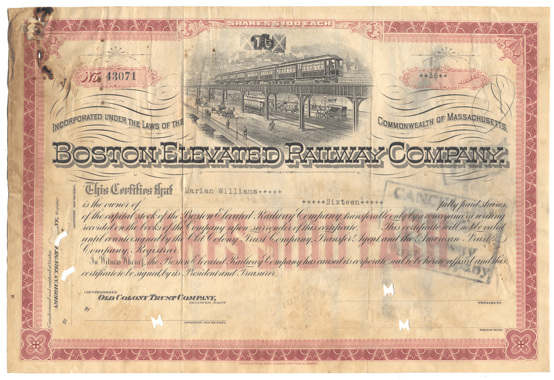 Boston Elevated Railway Company Stock Certificates