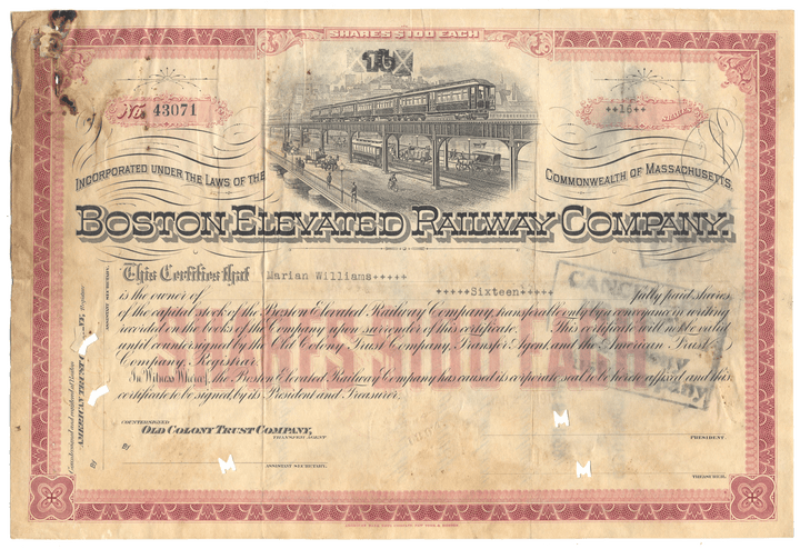 Boston Elevated Railway Company Stock Certificates