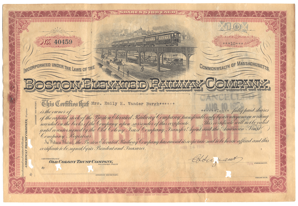 Boston Elevated Railway Company Stock Certificates