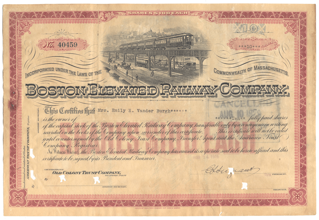 Boston Elevated Railway Company Stock Certificates