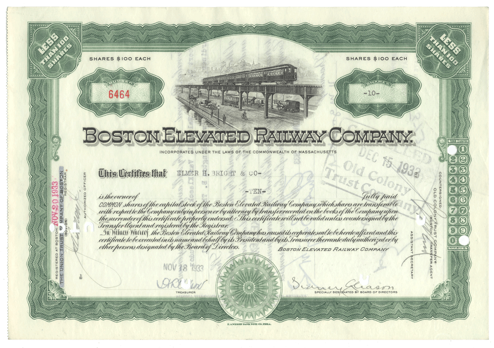 Stock certificate of the Boston Elevated Railway Company with train illustration and text.