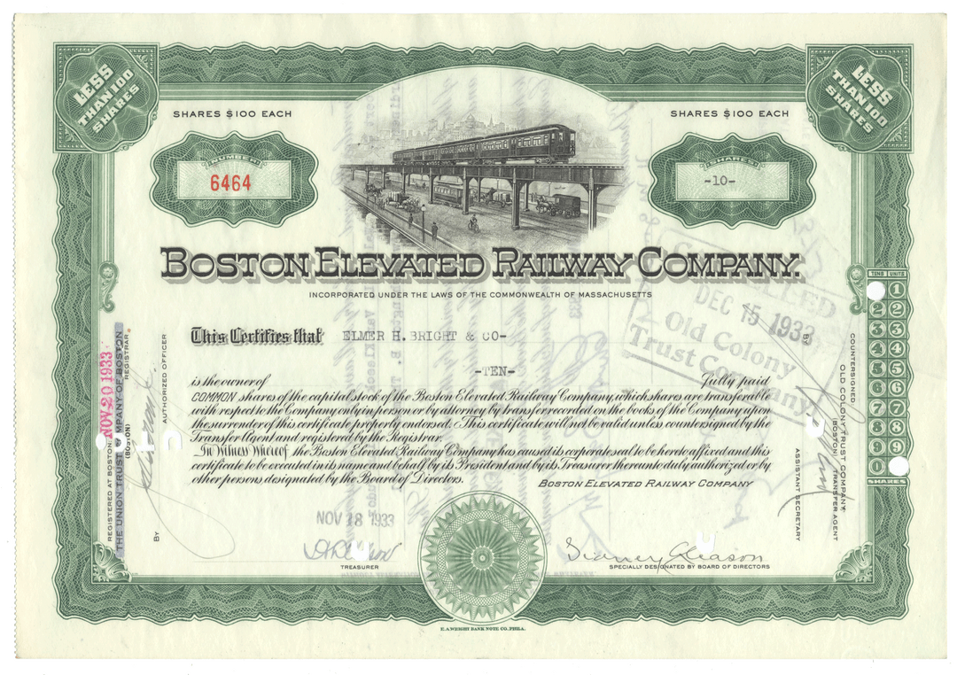 Stock certificate of the Boston Elevated Railway Company with train illustration and text.