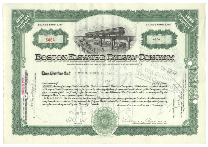 Stock certificate of the Boston Elevated Railway Company with train illustration and text.