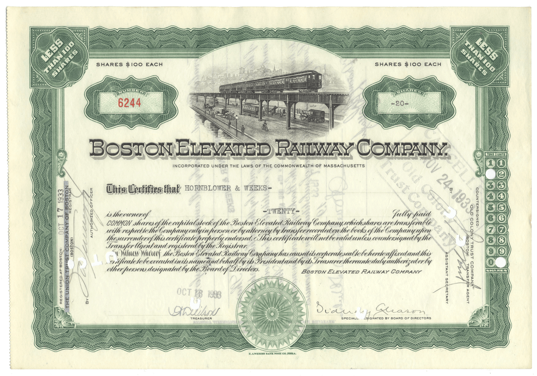 Stock certificate of the Boston Elevated Railway Company with green and white design.