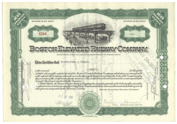 Stock certificate of the Boston Elevated Railway Company with green and white design.