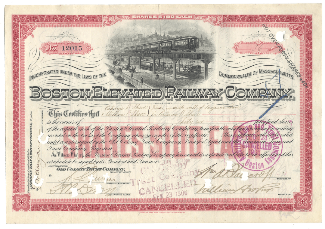 Historical stock certificate of the Boston Elevated Railway Company with red border and black text.