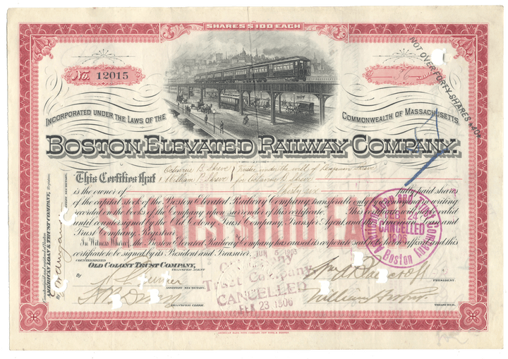 Historical stock certificate of the Boston Elevated Railway Company with red border and black text.