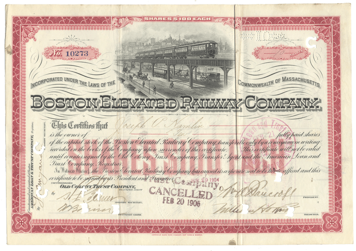 Vintage stock certificate for the Boston Elevated Railway Company with red and white design.